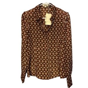 The Korner Jacquard Print Blouse Satiny Button Down Pleated Shoulder NWT